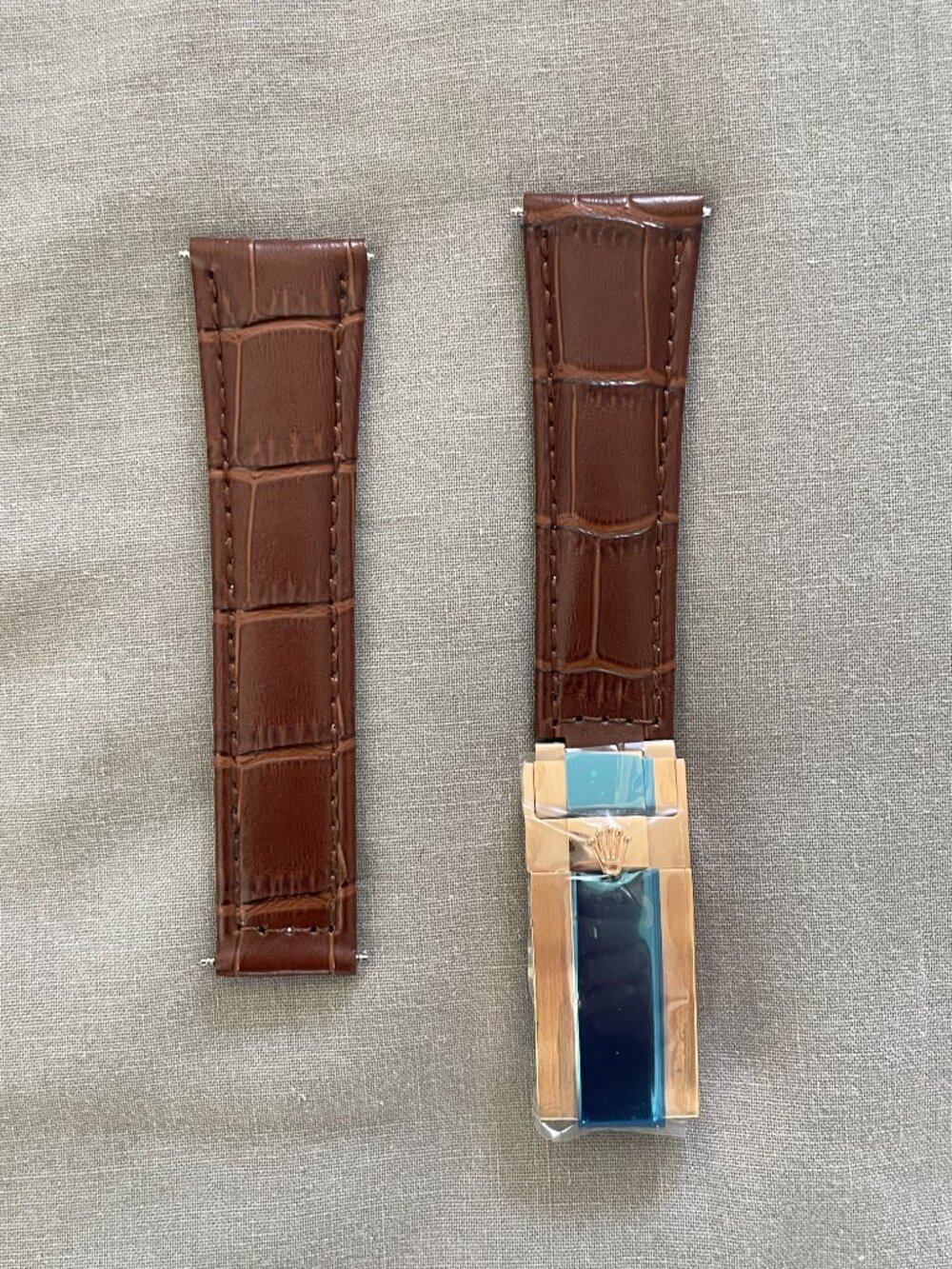 Brown Leather Watch Band 20mm for Rolex Watch | Rose Gold Steel Deployant Clasp